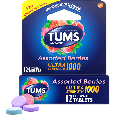 Tums Calcium Carbonate/Antacid, Ultra Strength, 1000 Mg Chewable Tablets, Assorted Berries 1000mg Bottle