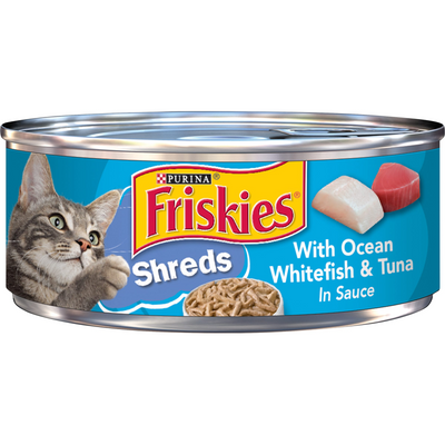 Friskies Purina Wet Cat Food, Shreds With Ocean Whitefish & Tuna In Sauce - 5.5 Oz. Can