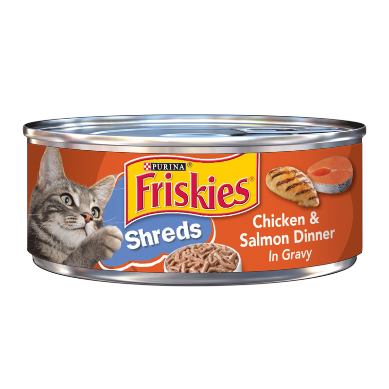 Friskies Purina Wet Cat Food Savory Shreds Chicken & Salmon Dinner In Gravy 5.50 Oz Can