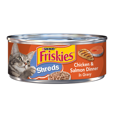 Friskies Purina Wet Cat Food Savory Shreds Chicken & Salmon Dinner In Gravy 5.50 Oz Can
