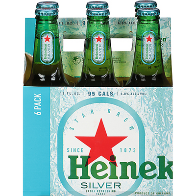 Heineken Beer, Silver, 6 Pack 12oz Bottles