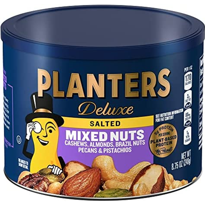 Planters Deluxe Mixed Nuts Cashews, Almonds, Brazil Nuts, Pecans, Pistachios 8.75 oz Canister